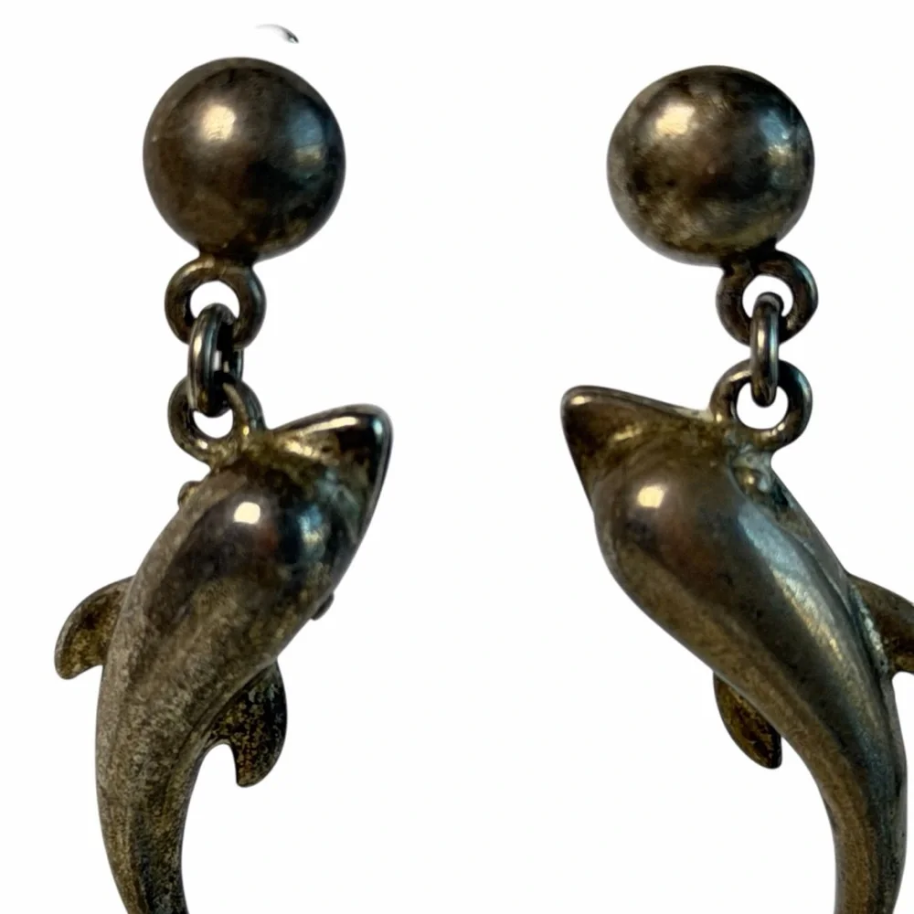 Vintage 925 Sterling Silver Dolphin Dangle Earrings Nautical Ocean beach - Picture 3 of 11
